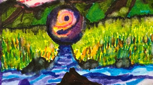 Portal An image of a painting with a river leading into a swirling round portal, styled like a water color painting.