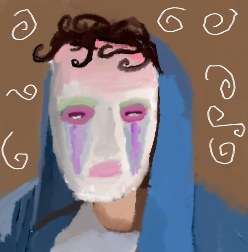 Self portrait of Myst (aka. Mystic Farer) with a light blue hoodie and white mannequin mask.
